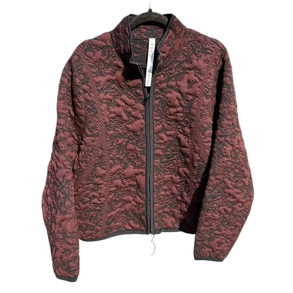 Lululemon Jacquard Wool Blend Burgundy Quilted Bomber Zip Up Jacket Size 12 NWT